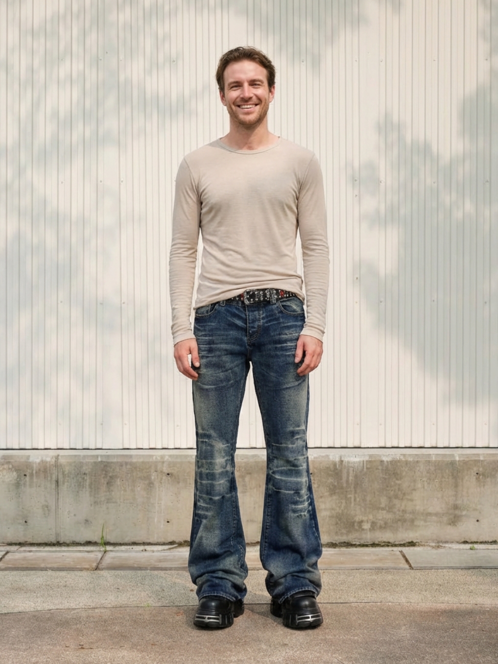 Homme portant un haut beige avec un jean flare bleu foncé délavé, sur fond clair