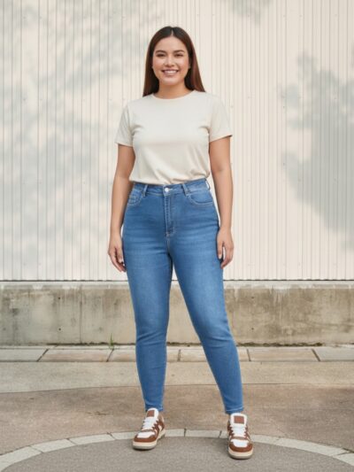Femme portant un t-shirt blanc avec un jean grande taille bleu coupe slim, sur fond beige