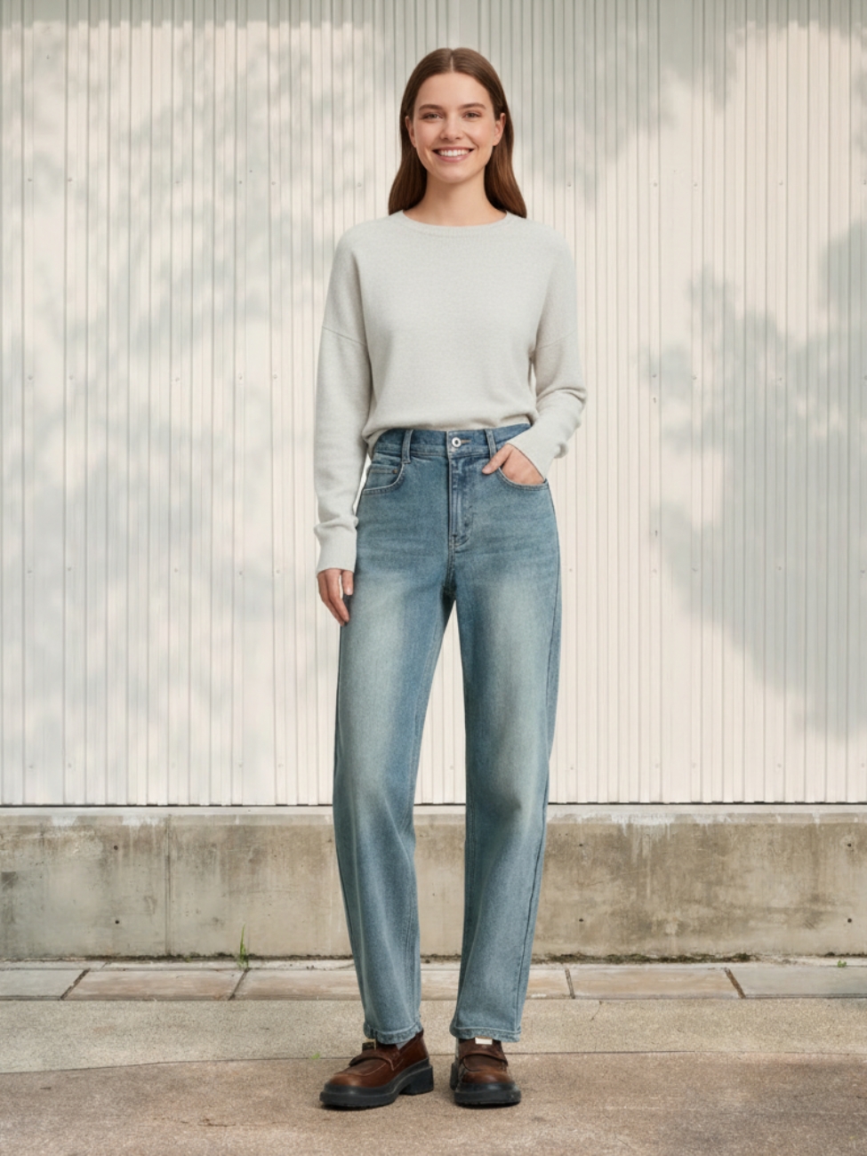 Femme portant un pull beige avec un jean mom délavé taille haute, sur fond clair