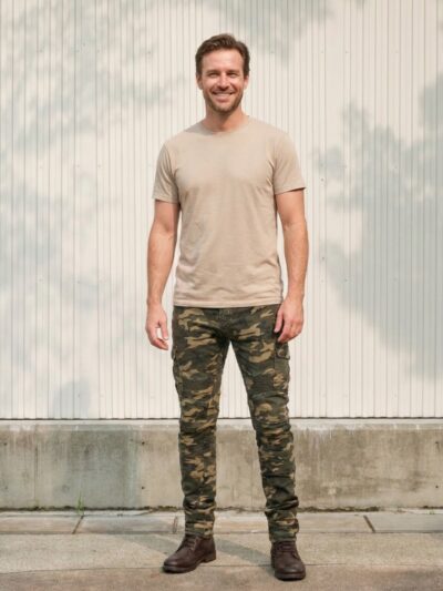 Homme portant un t-shirt beige avec un jean moto militaire, sur fond clair