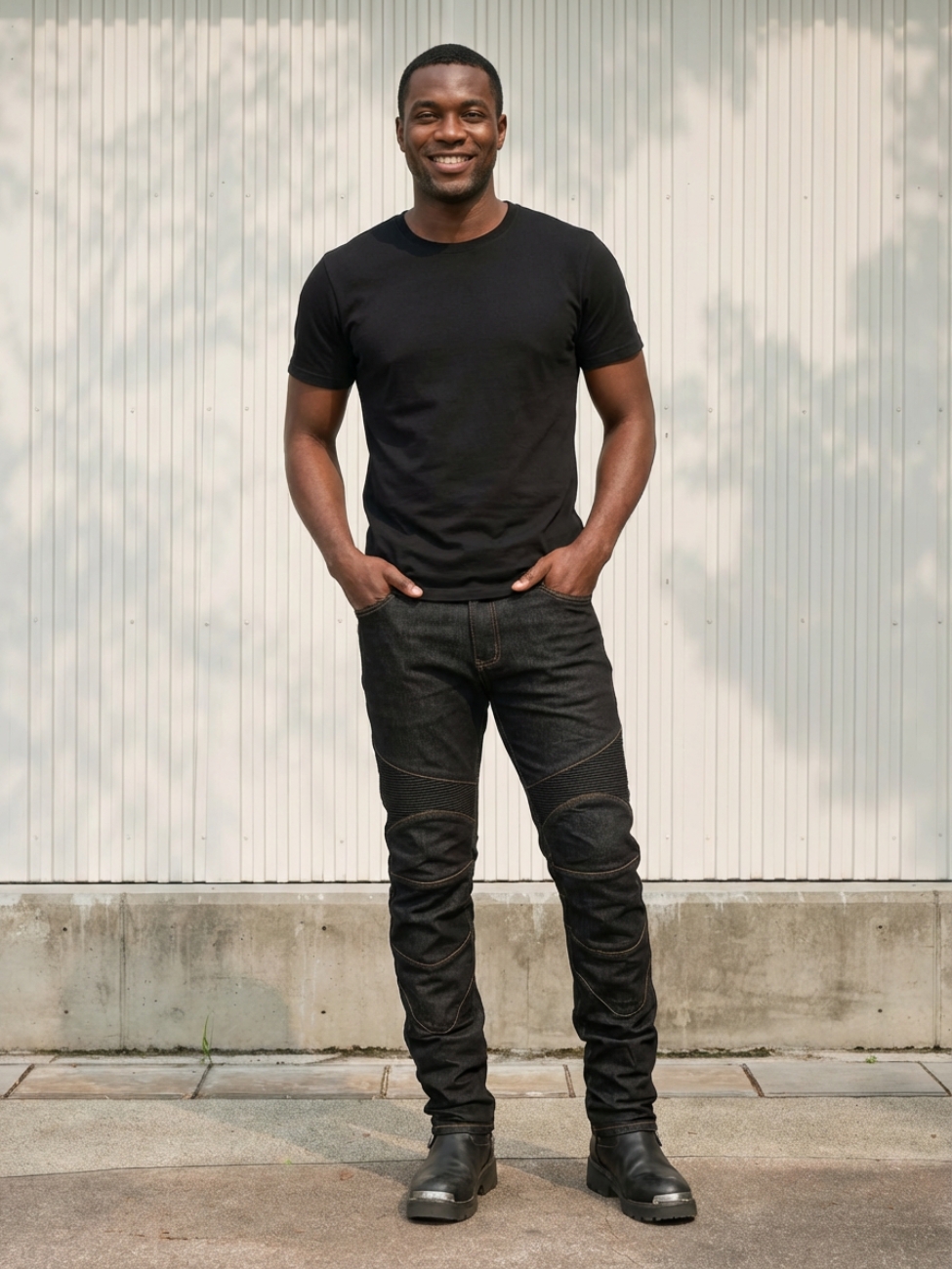 Homme portant un t-shirt noir avec un jean de moto noir, sur fond beige