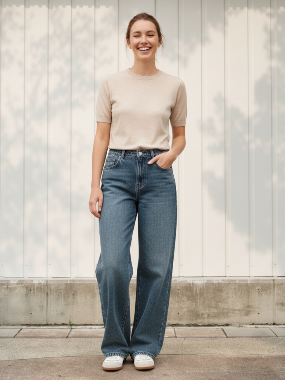 Femme portant un t-shirt beige avec un jean regular bleu vintage, sur fond beige