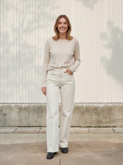 Femme portant un pull beige avec un jean regular blanc, sur fond beige