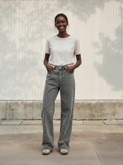 Femme portant un t-shirt gris avec un jean regular gris, sur fond beige