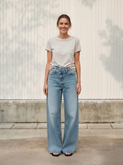 Femme portant un t-shirt blanc avec un jean skate bleu clair, sur fond beige