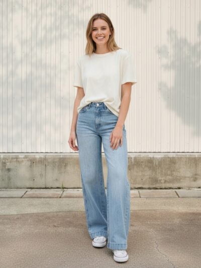 femme portant un t-shirt blanc avec un jean skate bleu clair, sur fond beige