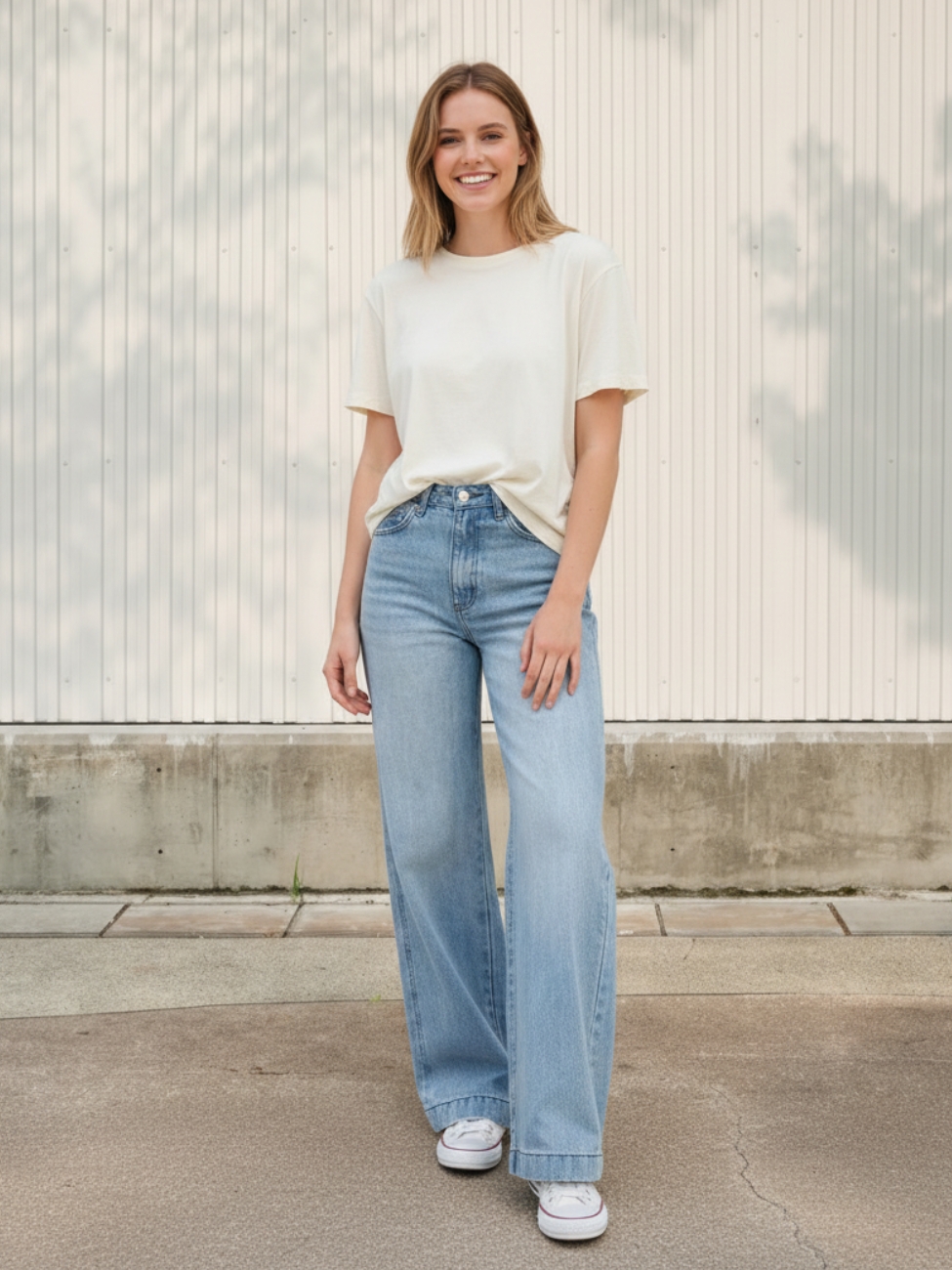 femme portant un t-shirt blanc avec un jean skate bleu clair, sur fond beige