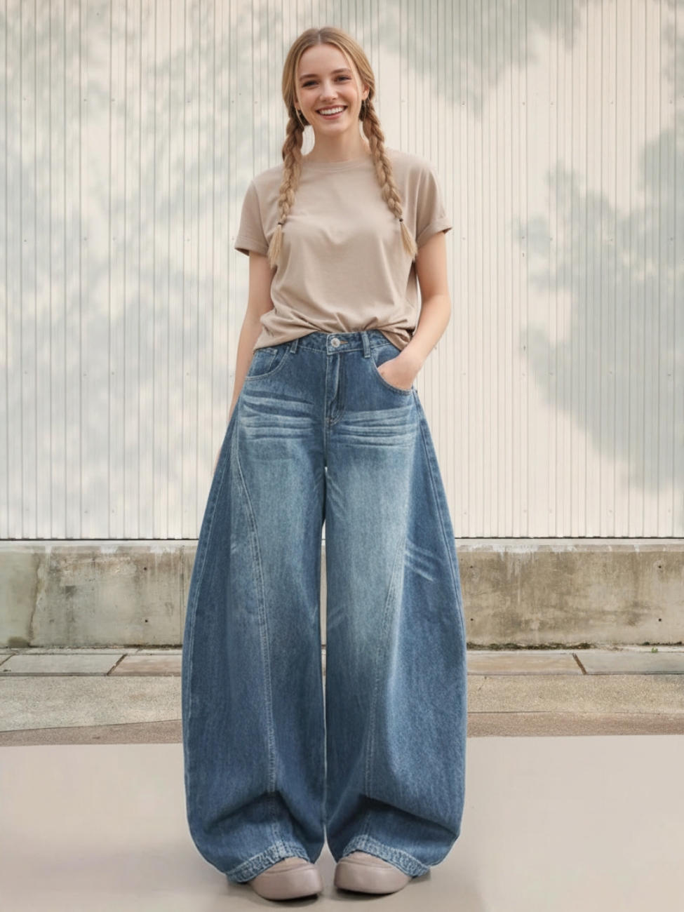 Femme portant un t-shirt beige avec un jean skate oversize, sur fond clair