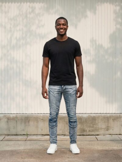 Homme portant un t-shirt noir avec un jean skinny gris clair, sur fond beige
