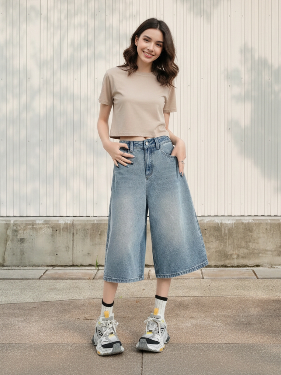 Femme portant un t-shirt beige avec une jupe culotte en jean délavé vintage, sur fond beige