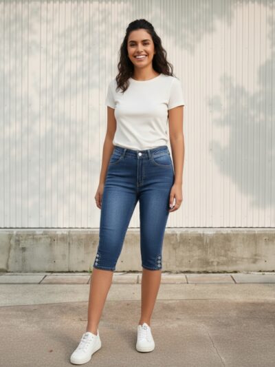 Femme portant un t-shirt blanc avec un pantacourt en jean bleu foncé délavé, sur fond clair