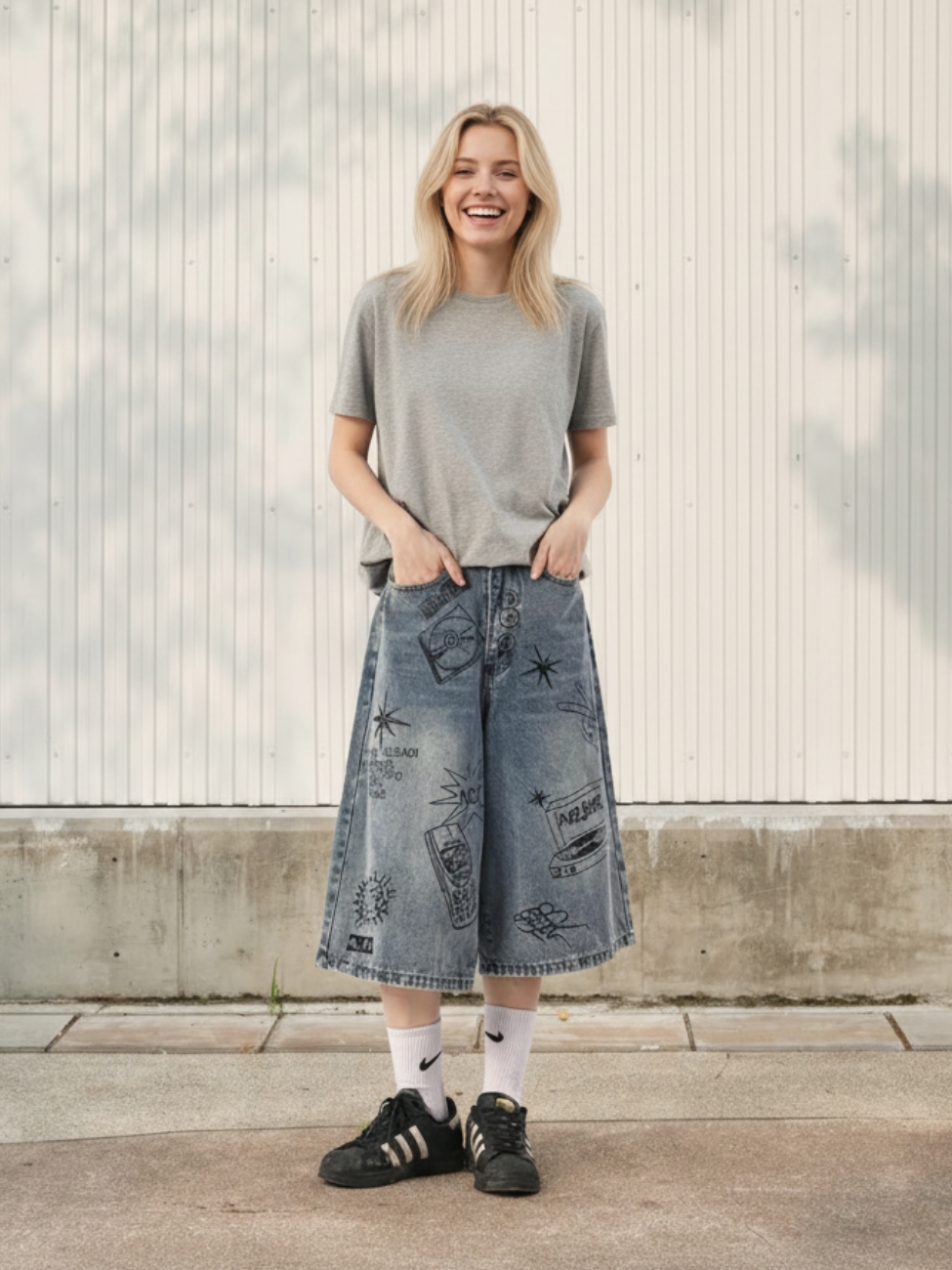 Femme portant un t-shirt gris avec un pantacourt en jean gris à coupe ample et à graffitis, sur fond beige