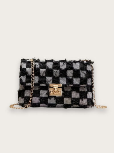Sac en jean élégant effet damier à chaîne dorée