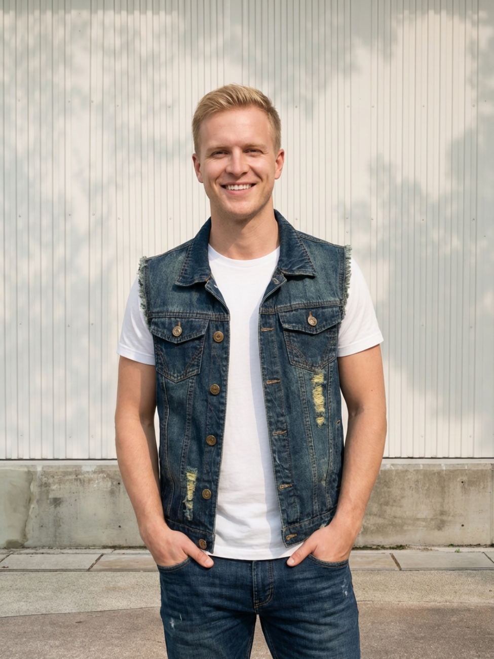 Homme portant une veste en jean sans manche bleu foncé au style destroy vintage, sur fond clair