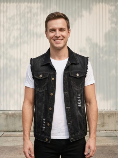 Homme portant un t-shirt blanc avec une veste en jean noir sans manche, sur fond beige