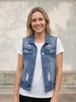 Femme portant un t-shirt blanc avec une veste en jean sans manche ornée de perles, sur fond clair