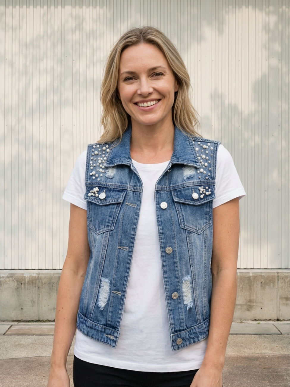 Femme portant un t-shirt blanc avec une veste en jean sans manche ornée de perles, sur fond clair