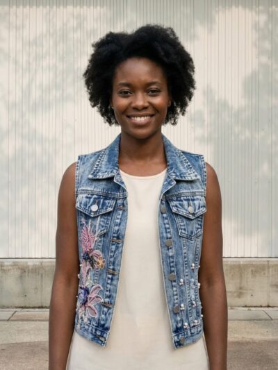 Femme portant un haut blanc avec une veste en jean sans manche avec des fleurs brodées, sur fond clair