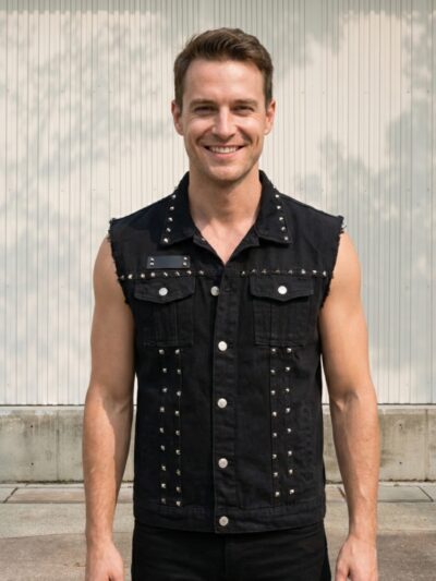 Homme portant une veste en jean noir sans manche à clous, sur fond beige