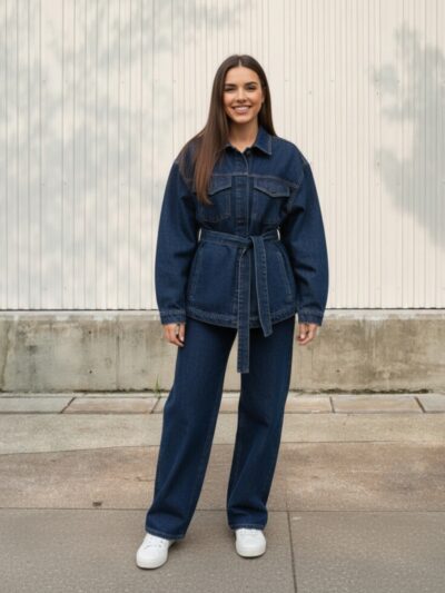 Femme portant un ensemble en jean brut, sur fond beige