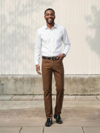 Homme portant une chemise blanche avec un jean marron coupe regular, sur fond beige