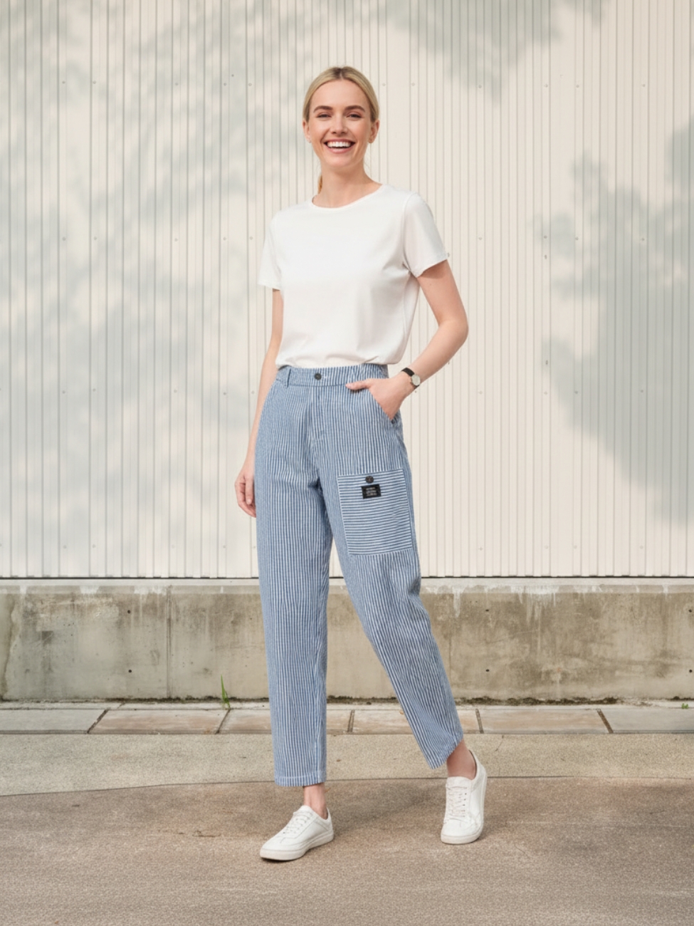 Femme portant un t-shirt blanc avec un jean rayé bleu et blanc, sur fond beige