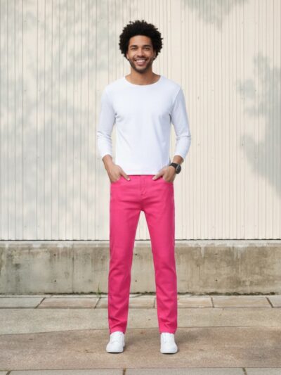 Homme portant un haut blanc avec un jean rose fuchsia, sur fond beige