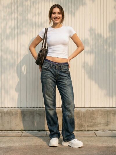 Jeune fille portant un t-shirt blanc moulant , un jean taille basse style baggy délavé streetwear sur un fond clair.