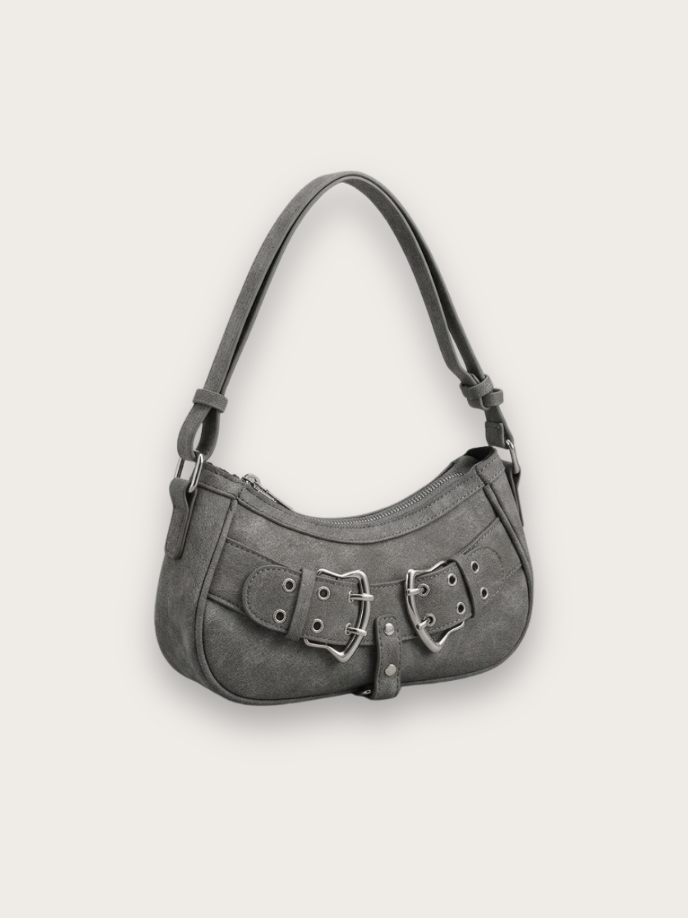 Sac épaule en jean gris au style grunge années 2000, sur fond gris